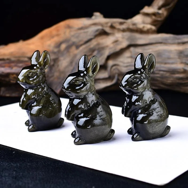 Natural Gold Obsidian Rabbit Jewelry Polished Raw Stone Theme Carving Home Office Desktop Decoration