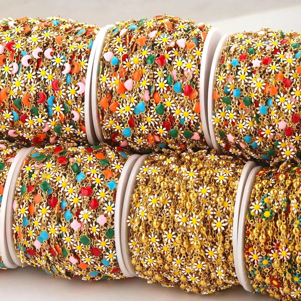 YWXS Fashion Jewelry Body Enamel Gold Stainless Steel Chain Diy Necklace Daisy Enamel Flower Chain Colorful Jewelry Anklet Chain