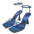 Fashion Luxury Bedazzled Heels Buckle Strap Crisscross Square Toe Dance Party Summer High Heel Sandals Stiletto Girls Shoes