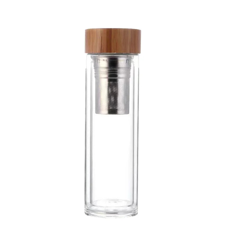 FX Factory BPA Free Eco-friendly Double Walled High Borosilicate Leak-Proof Tea Infuser Glass Tea Mug with Screw-On Cap