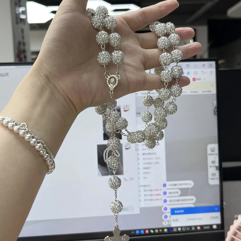 Shiny Crystal Rhinestone Polymer Beaded Rosary Necklace  Cross Prayer Wholesale Islamic Tasbih