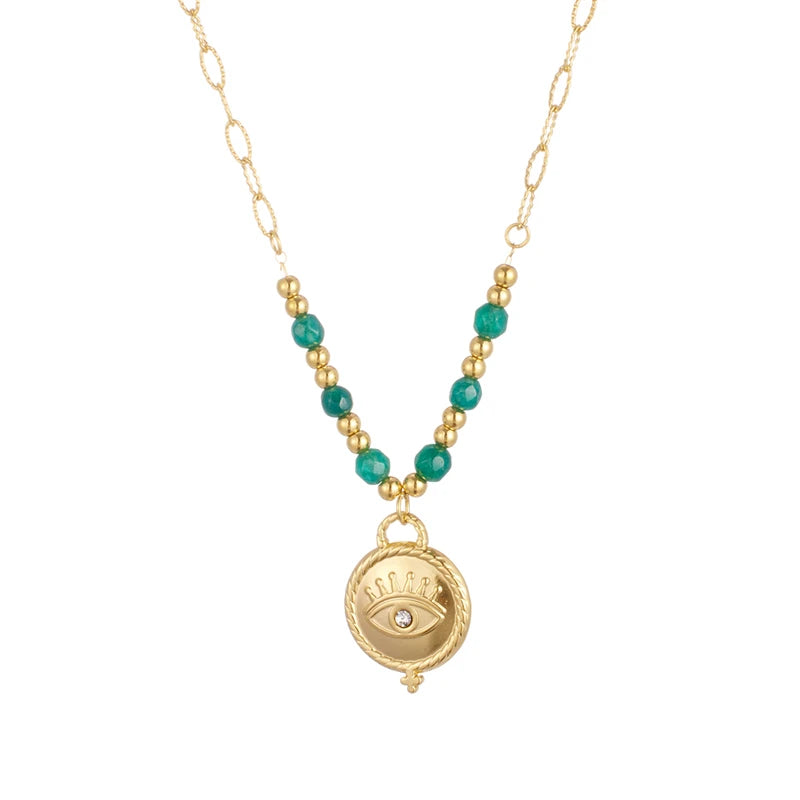Cute Stainless Steel Zircon Eye Pendant Natural Stone Chain Spliced Necklace18K Gold Plated Jewelry for Ladies