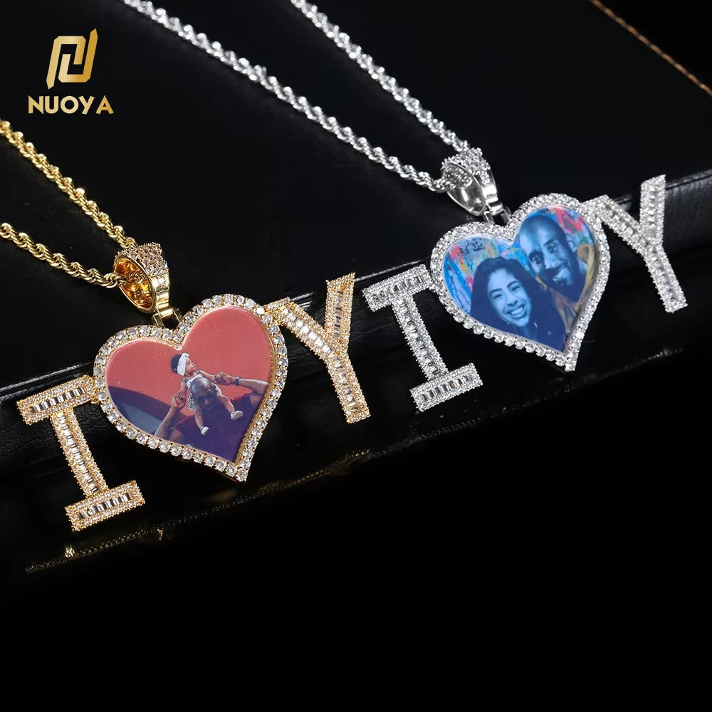 NUOYA Personalized Jewelry Custom Heart Photo Pendant with Iced Out Letters 18K Gold Plated Personalized Picture Pendant Gift
