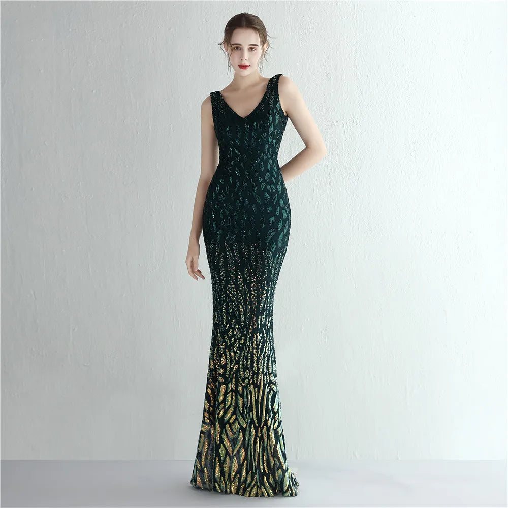 18973# Gradient Bead Style Socialite Banquet Temperament Figure Long Sequin Dinner Fishtail Dress