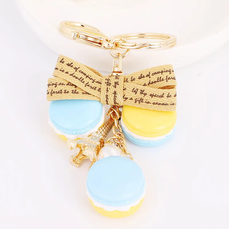 Delicate Macaron Cake Shaped Car Keychain Green Pink Macaron Bow Eiffel Tower Key Chain For Girl