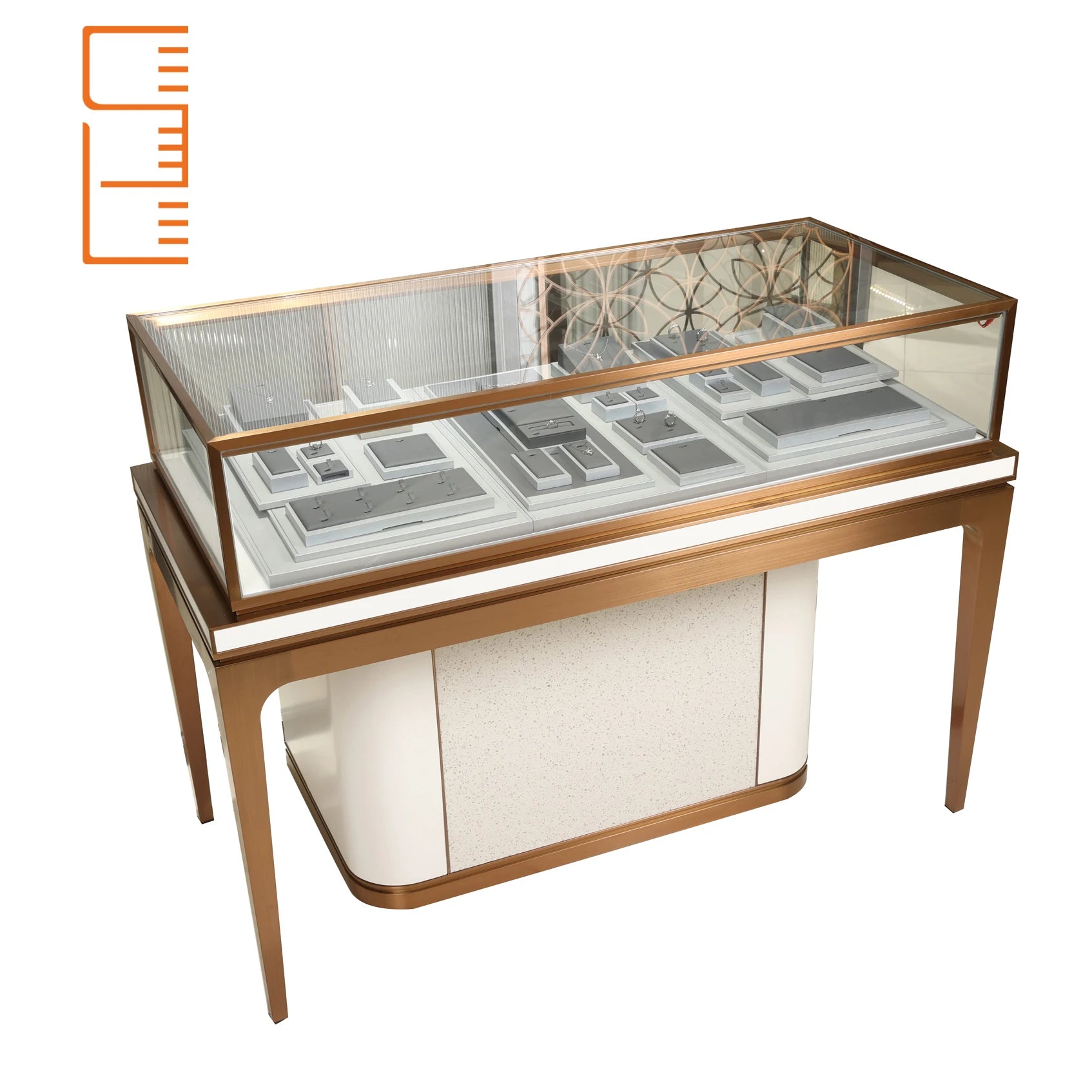 Custom Logo Huizhou Gift Box Retail Glass Jewelry Store Display Cabinet Grey White Luxury Jewelry Showcase