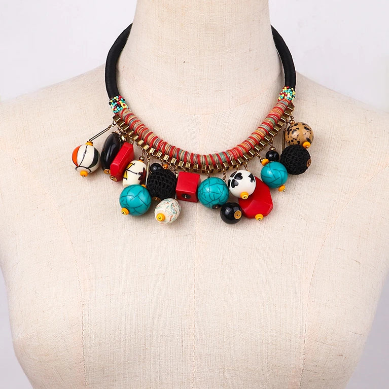 Pearl Ruby Souvenir Necklace Wholesale for Women Jewelry Mashup Resin 2023 Bohemian Style Retro Beads Turquoise Amber Black / FS
