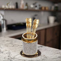 Qian Hu 2025 Nordic High-End 6-Piece Stainless Steel Spoon Set with Gemstone Gold Stand Luxury Metal Coffee Tea Kitchen Gift Set