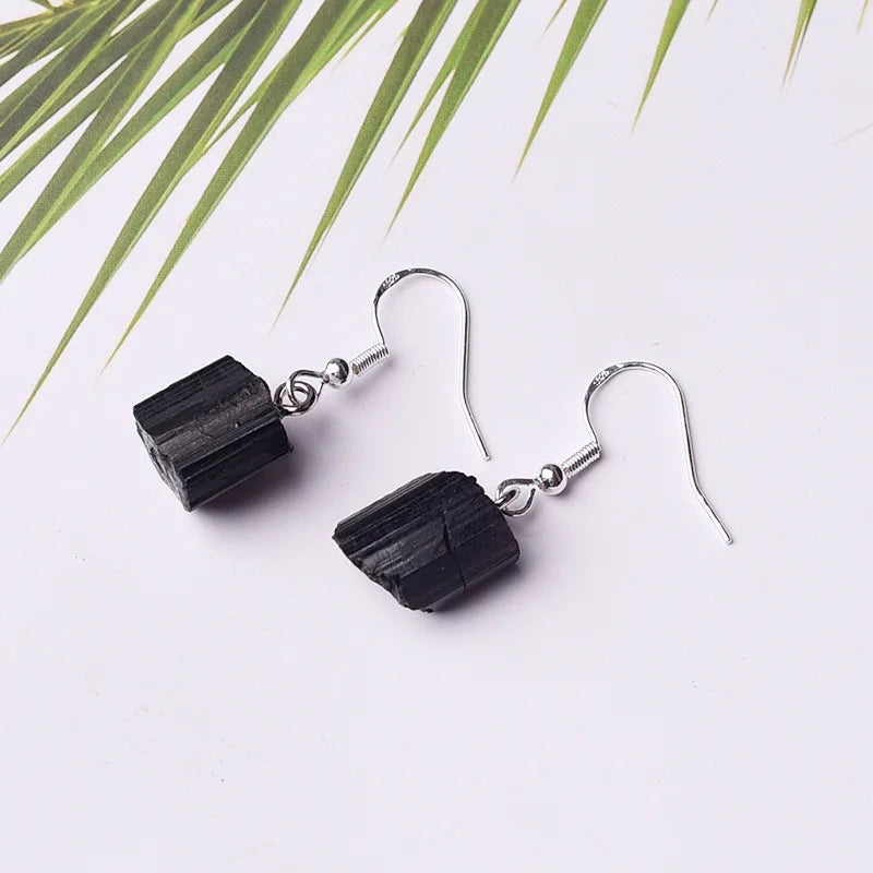 Natural Raw Stone Irregular Healing Stones Black Tourmaline Earring