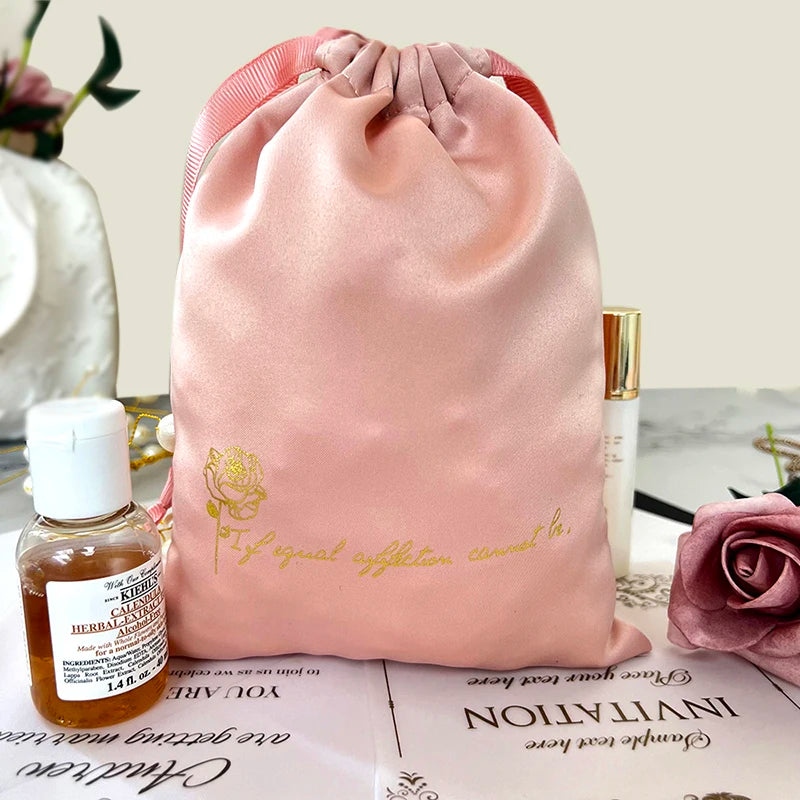 Custom logo Light pink Satin Chiffon Dust Drawstring Bag for Clothes Handbag Shoes