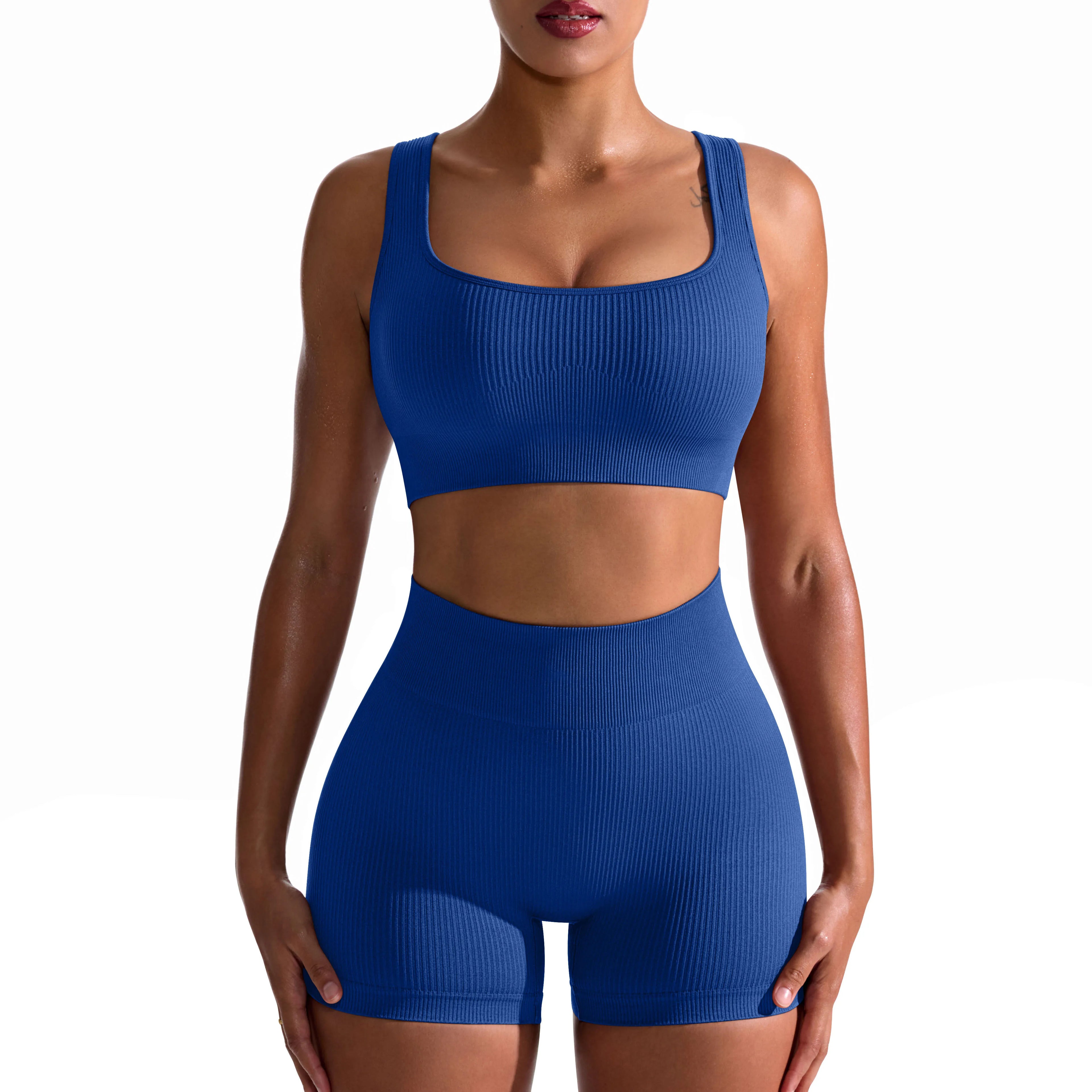 New High Elastic Square Collar Sleeveless Gym Fitness Sets Seamless Ribbed Bandage Women Yoga 2 Piece Set