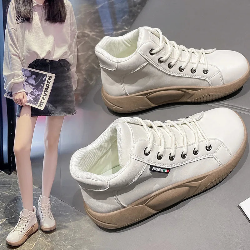 Autumn New Thick Heel Shoes Small White Shoes Match All Fashion High Cut Casual Retro Women Shoes