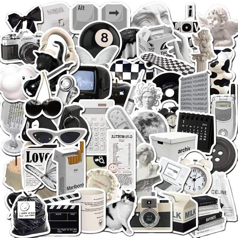 61pcs Pack Black and White Minimalist Style Stickers for Water Bottle Waterproof Vinyl Sticker