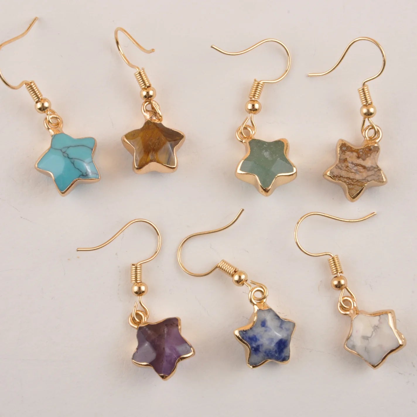 Cute Fashion Boho Natural Stone Colorful Birthstone Gemstone Star Drop Crystal Star Pendant Earring for Women Girls