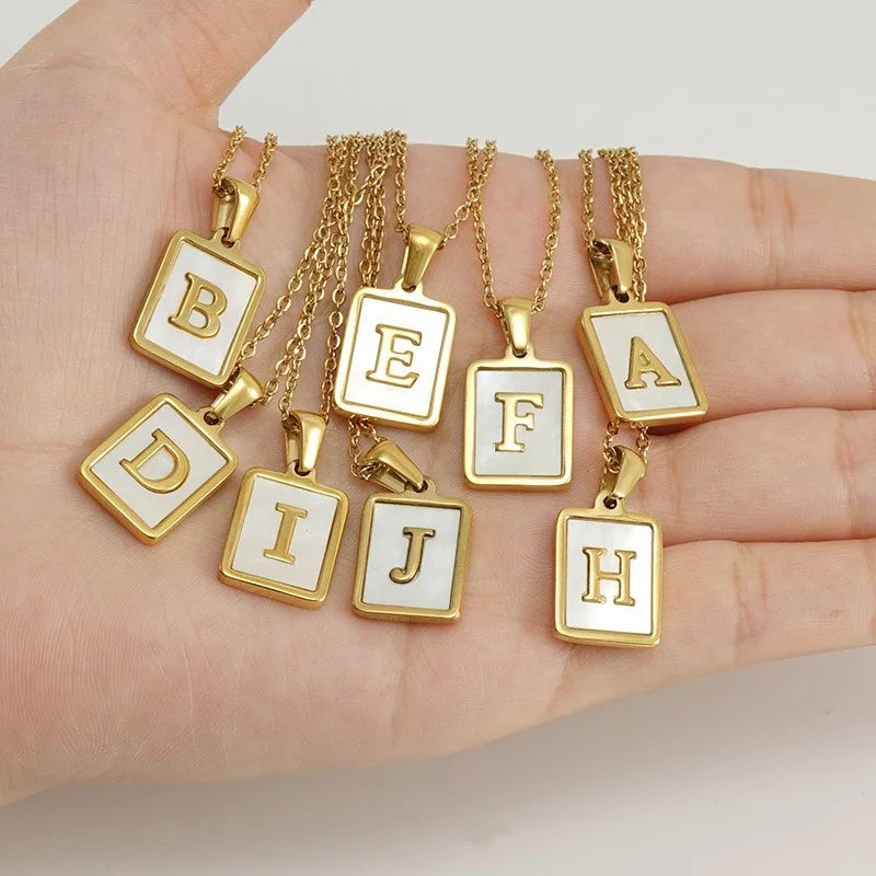 Trendy Stainless Steel 26 Capital English Letters Titanium Steel South American Natural Shell Pendant Necklace for Women
