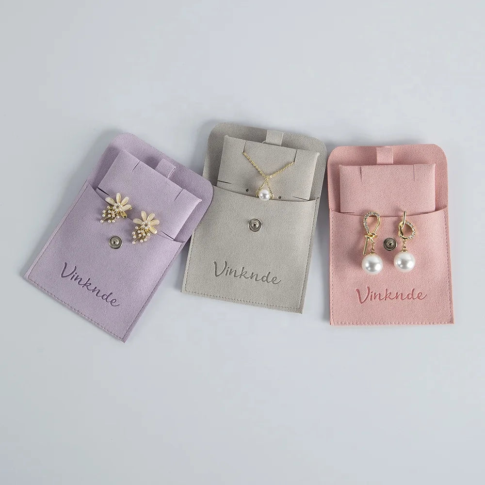 8*8 cm Beautiful Deboss Logo Custom Stamped Suede Microfiber Luxury Jewelry Packaging Bag Pouch for Fashion Girls Women Gift