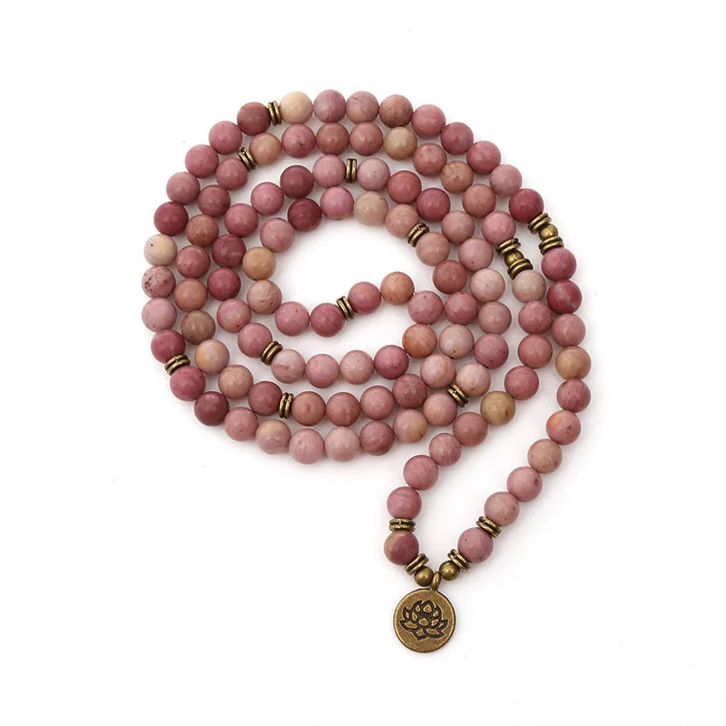 Rhodochrosite Stone 108 Mala Beads Necklaces/Bracelet Real Healing Gemstone Yoga Meditation Lotus Mala Prayer Bead Necklace