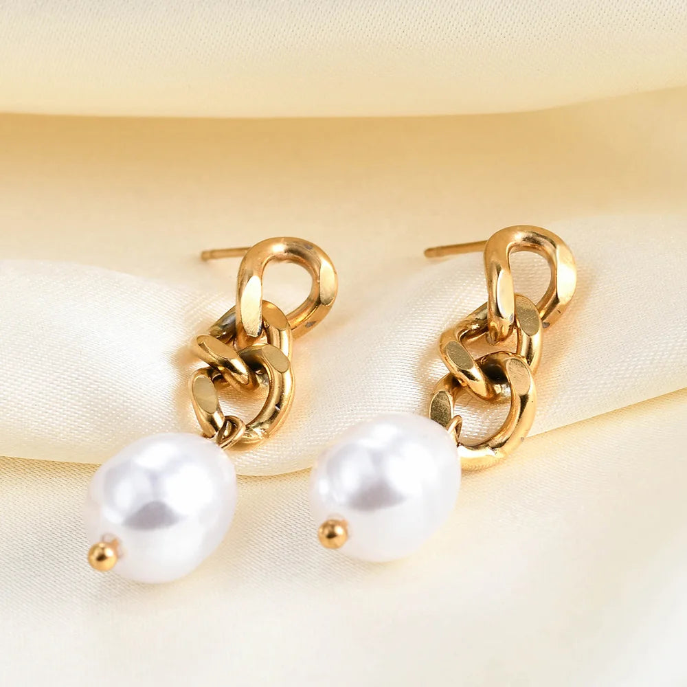 Wholesale Hot Selling Women Pearl Pendant Earring 18K PVD Gold Plated Stainless Steel Drop Earrings