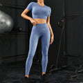 FLW Women's Eco-Friendly Breathable Yoga Set Seamless Knitted Short Sleeve Top Long Pants Elastic Waist Solid Pattern Recyclable