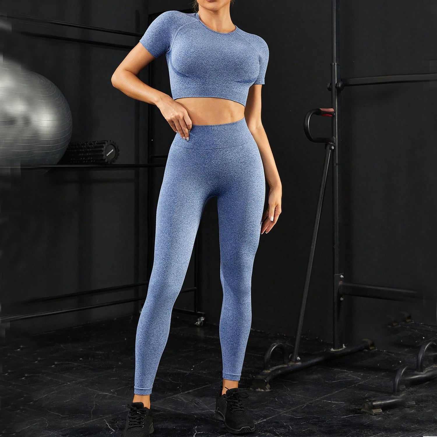 FLW Women's Eco-Friendly Breathable Yoga Set Seamless Knitted Short Sleeve Top Long Pants Elastic Waist Solid Pattern Recyclable