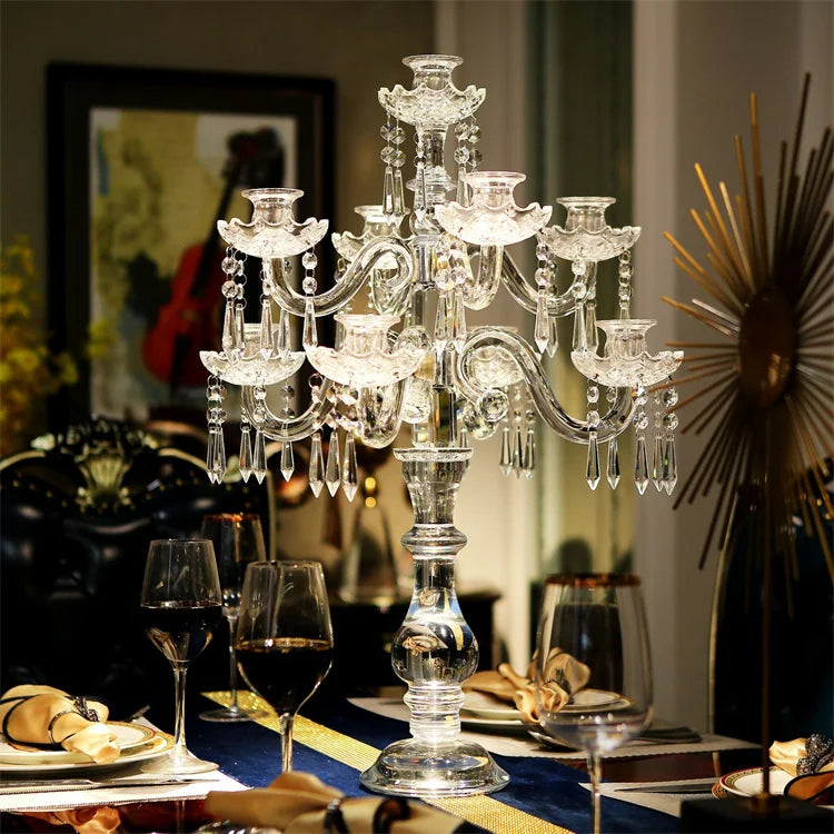 Polished Gold Crystal 9-Arm Candelabra Wedding Decoration Laser Printed Metal Candle Holders with Hanging Crystals on Sale