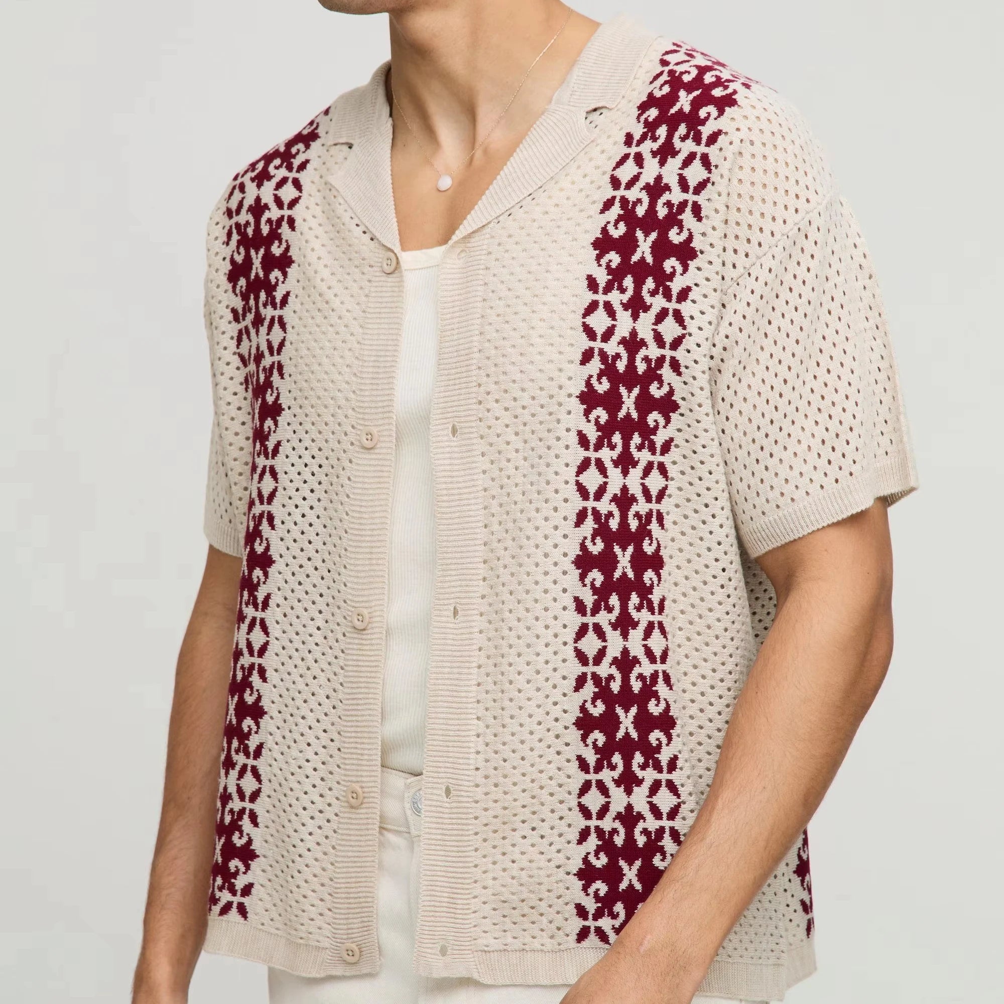 Custom Design Logo Cotton Hollow Out Mesh Summer Oversized Golf Knitted Polo T-shirt Men Crochet Casual  Shirts