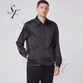 Fashion New Casual Eco-Friendly Letter Pattern Semi-matte Soft Satin Lapel Multi Pocket Long Sleeve Plus Size Black Men's Jacket