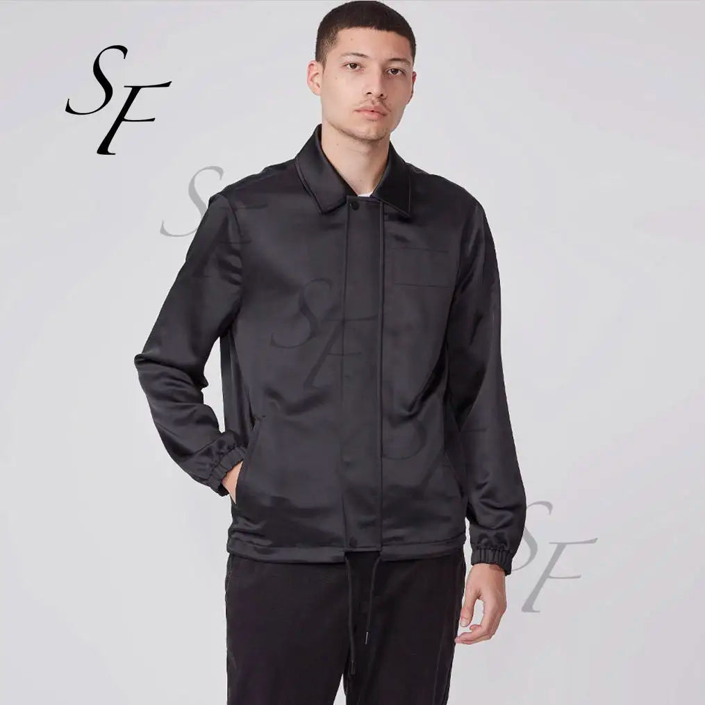 Fashion New Casual Eco-Friendly Letter Pattern Semi-matte Soft Satin Lapel Multi Pocket Long Sleeve Plus Size Black Men's Jacket