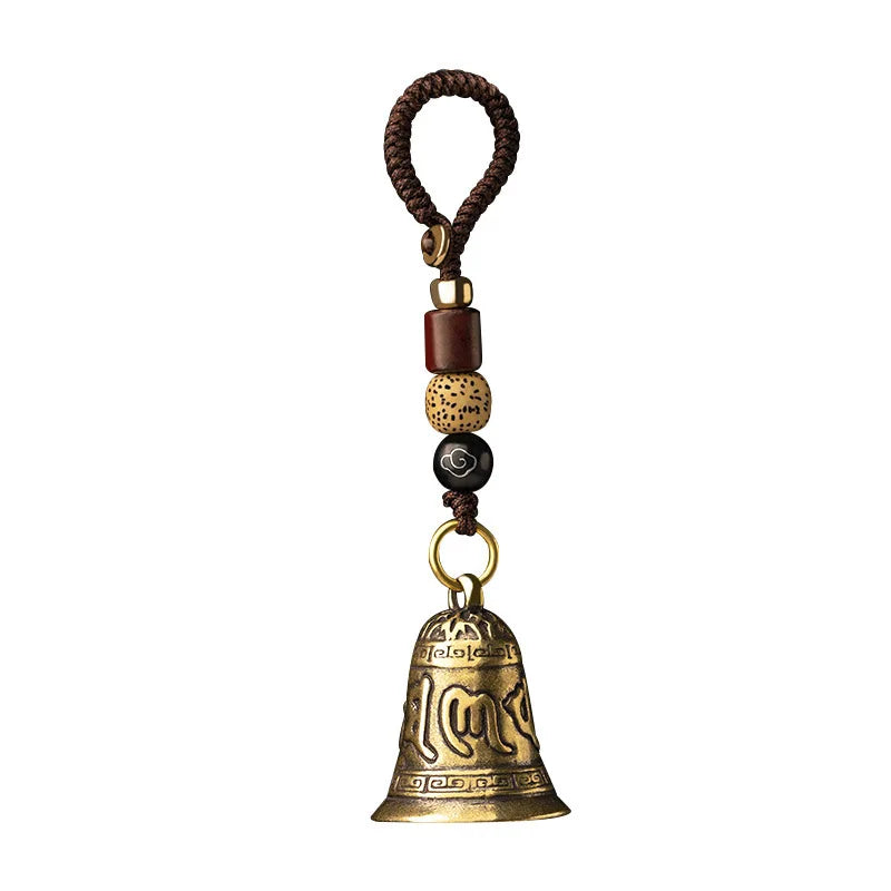 Vintage Brass Tibetan Buddhism Six-word Mantra Bell Keychains Lanyard Pendants Handmade Rope Car Key Chain Rings Hanging Jewelry