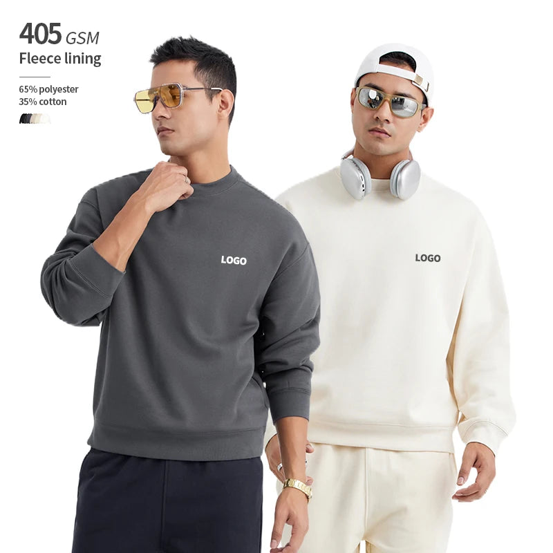 Fleece Lining Plus Size 405 GSM Winter OEM Custom LOGO Print on Demand Crewneck Hoodies and Sweatshirts for Men