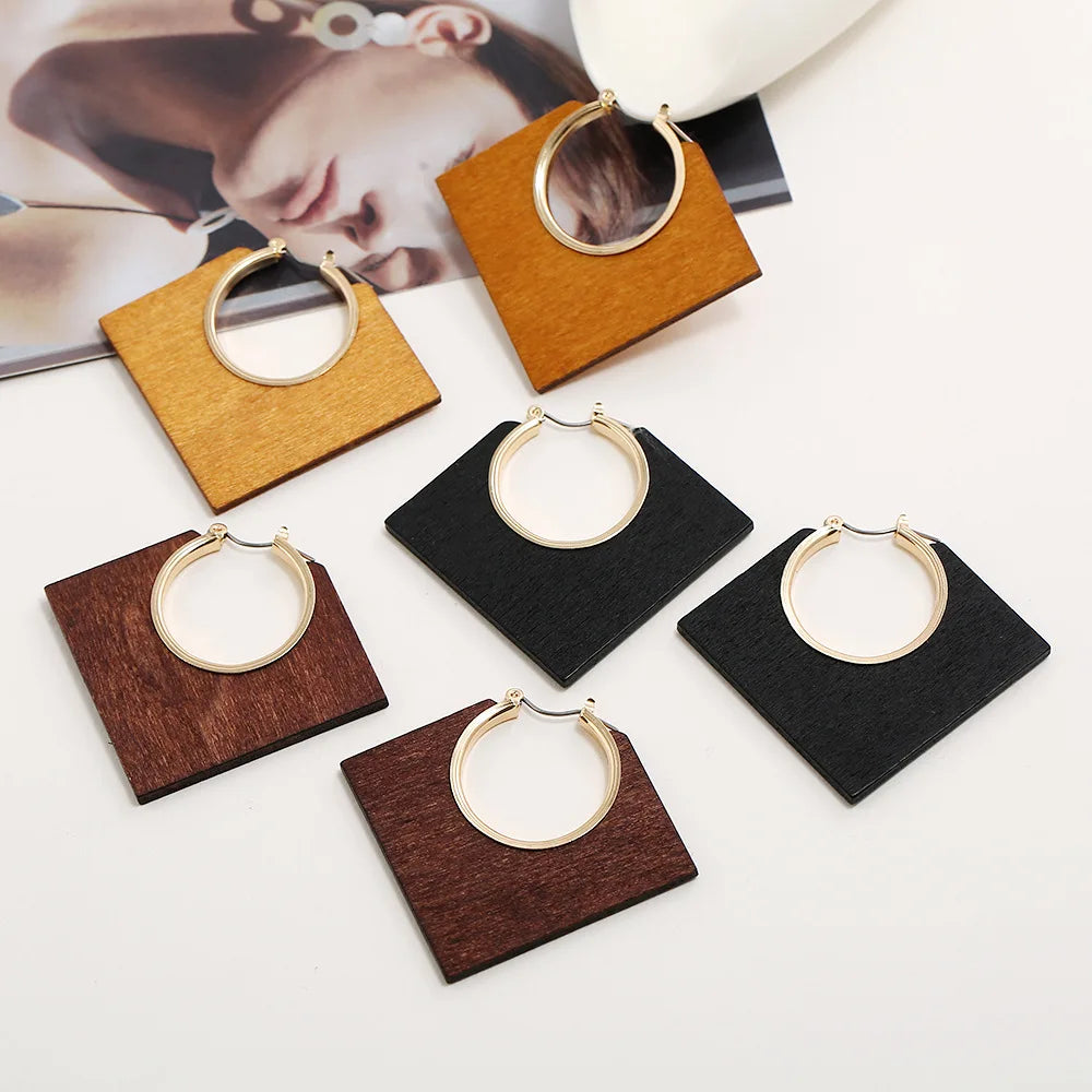 Fashion Wooden Earrings for Women Accessories Hoop Earrings Black Square Geometric Jewelry Charms Gift