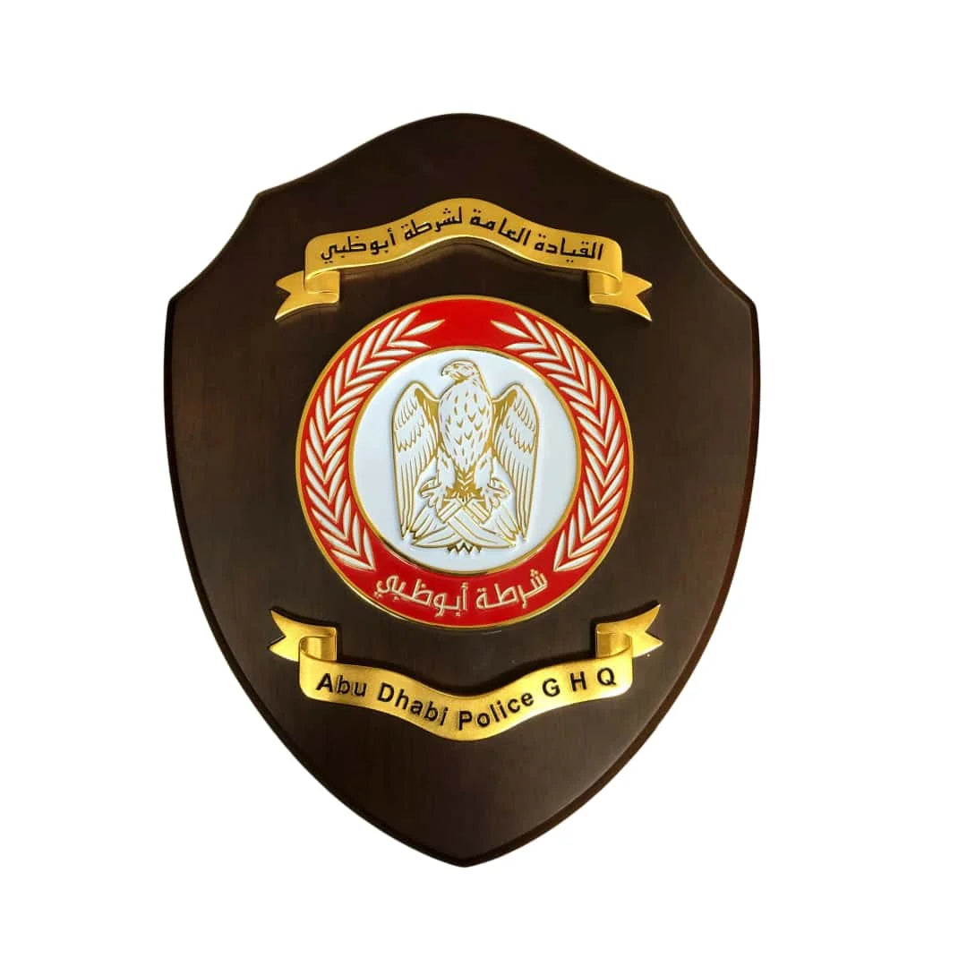 Custom Abu Dhabi GHQ Wooden Shield Plaque Enamel Metal Eagle Emblem Wall Plaque wooden shield