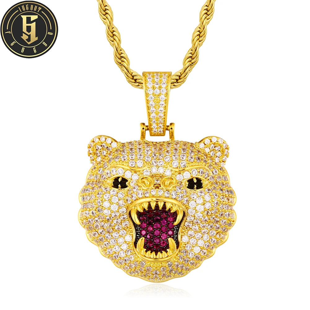 Personality Design Men Animal Jewelry Wholesale Gold Plated Brass 5A Cubic Zirconia Bear Head Pendant Necklace