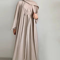 Women Muslim Modest Dubai Dress Solid Color Elegant Open Abaya with Pockets | 3-Piece Set Open Abaya Dress