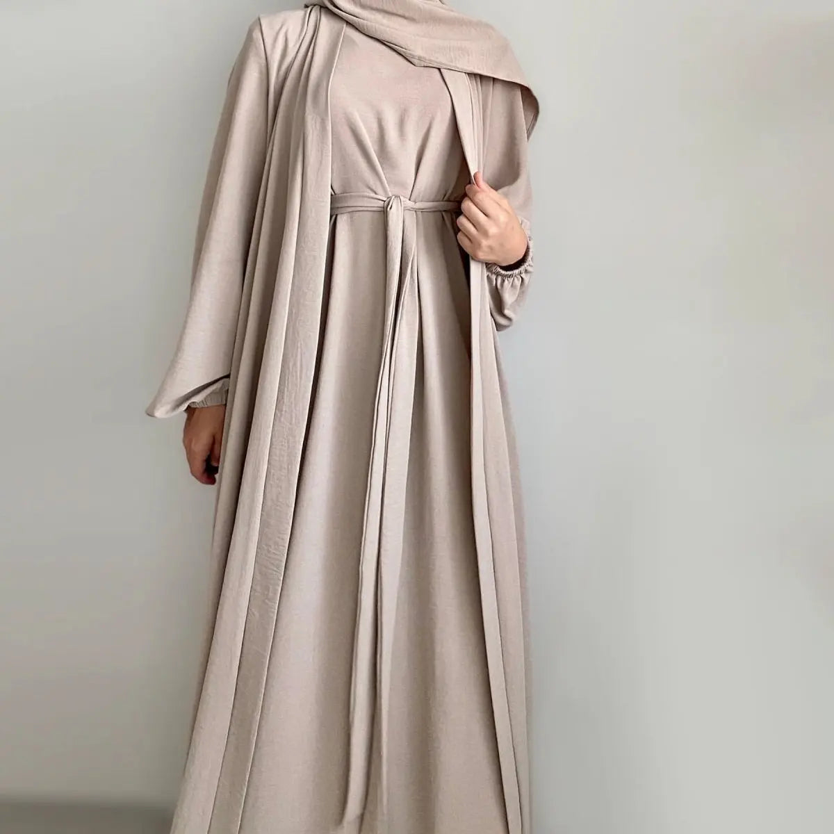 Women Muslim Modest Dubai Dress Solid Color Elegant Open Abaya with Pockets | 3-Piece Set Open Abaya Dress