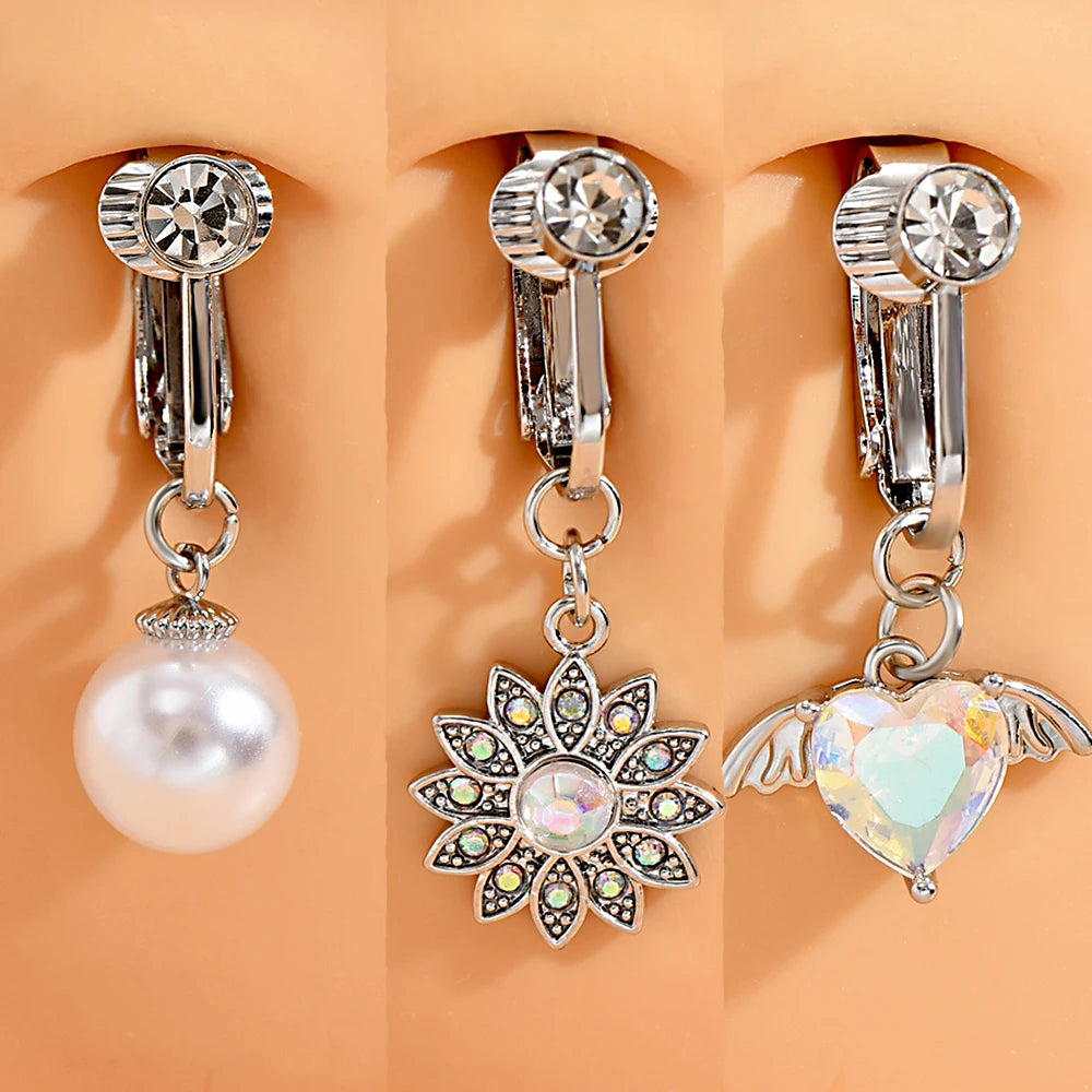 Set 10 Non-Piercing Belly Button Rings Colored Zircon Angel Wings Navel Ring Body Gift for Women Children Stainless Steel