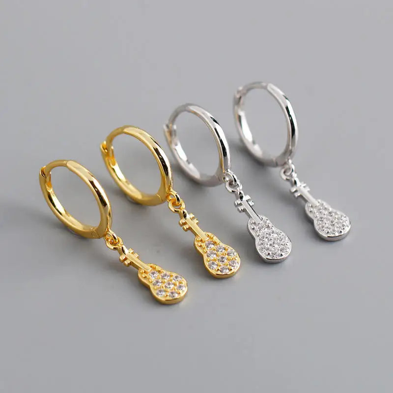 Creative Sterling Silver S925 Platinum & Gold Plated Earring Diamond Zircon Guitar Shaped Silver Huggie Earrings