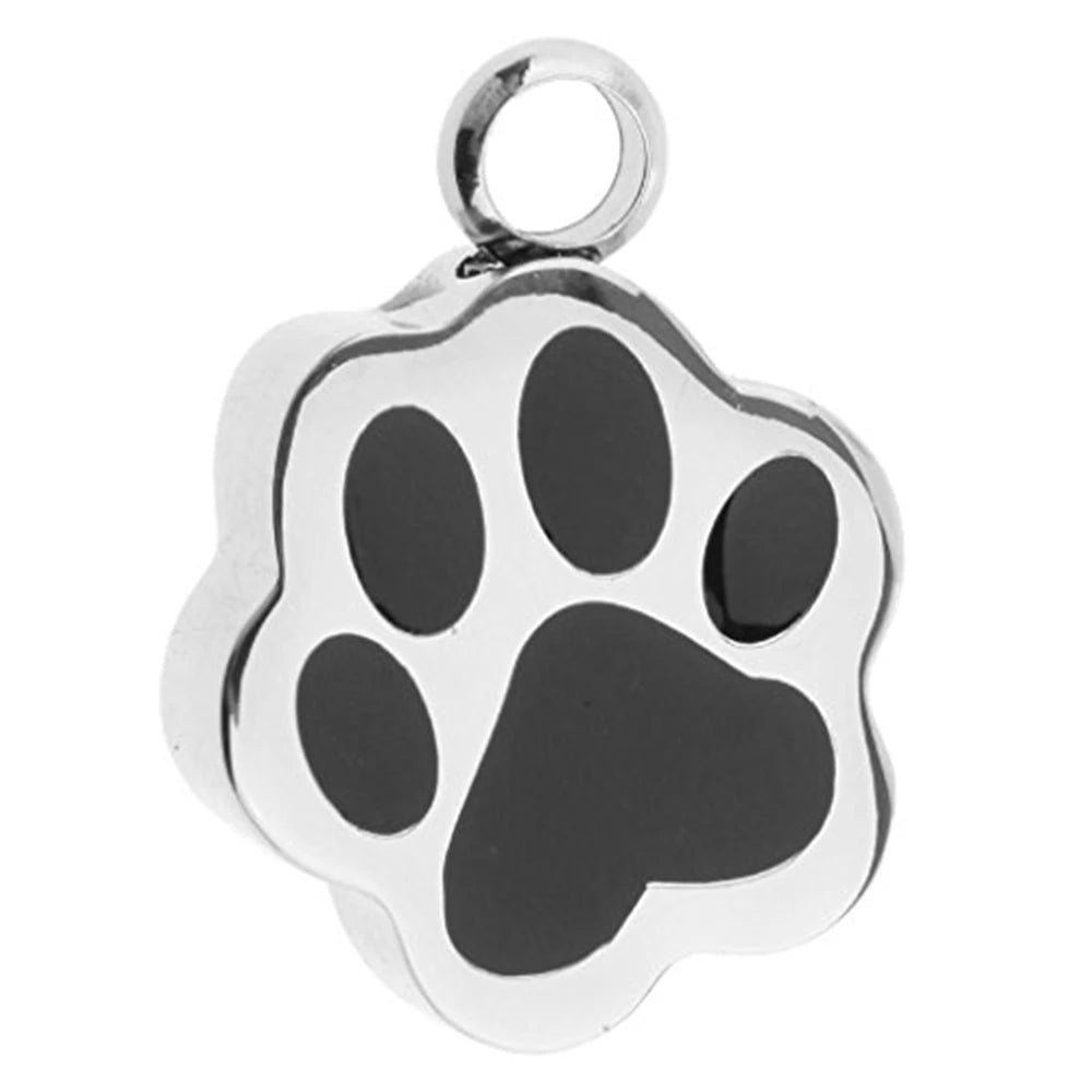 Vintage Enamel Dog Paw Print Memorial Ash Keepsake Silver Plated Stainless Steel Pendant Pet Urn Necklace