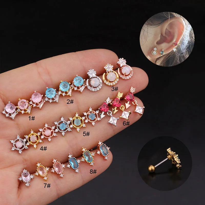 Fashion Piercing Earrings Stainless Steel Screw Stud Earrings Colorful Round Zircon Earrings for Women Girls