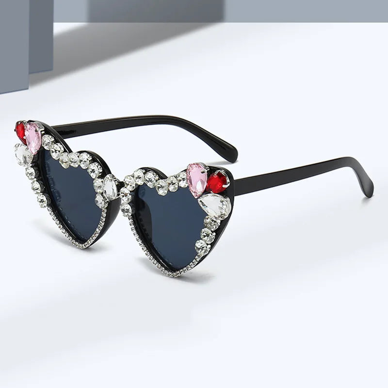 DL GLASSES Heart Cat Eye Sunglasses Unisex Blue Rhinestone Diamond Acrylic Lenses UV400 Protection OEM Custom Sunglasses