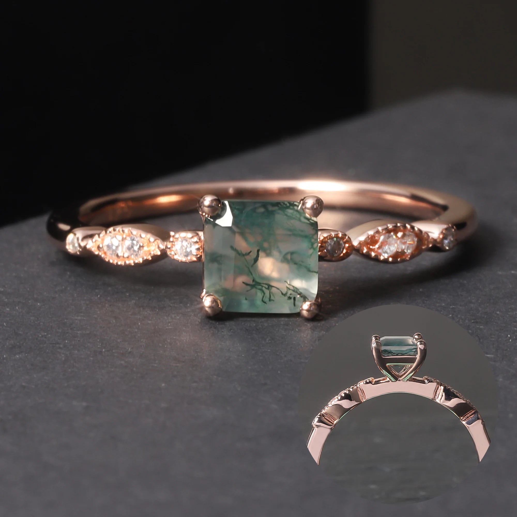 OL1031 Abiding Jewelry Wholesale Price Square Gemstone 925 Sterling Silver CZ Stone Engagement Moss Agate Ring for Sale