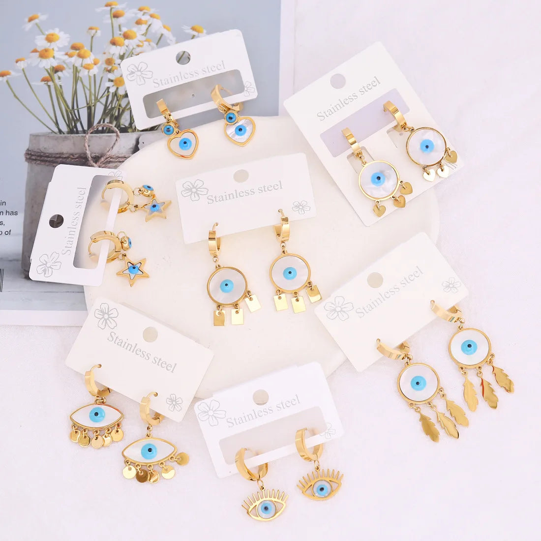 European Fashion Stainless Steel Shell Heart Tassel Earring 18K Gold Plated Hoop Blue Eyes Earring