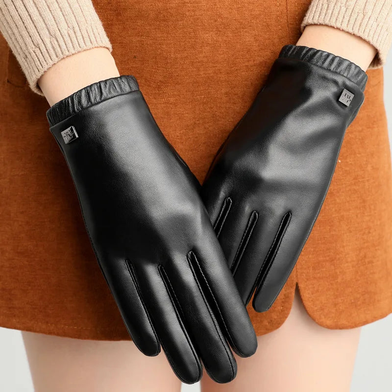 Women's Warm Touch Screen Outdoor Cycling Driving Motorcycle Leather Gloves Cold Proof Simple Leather Ski Gloves