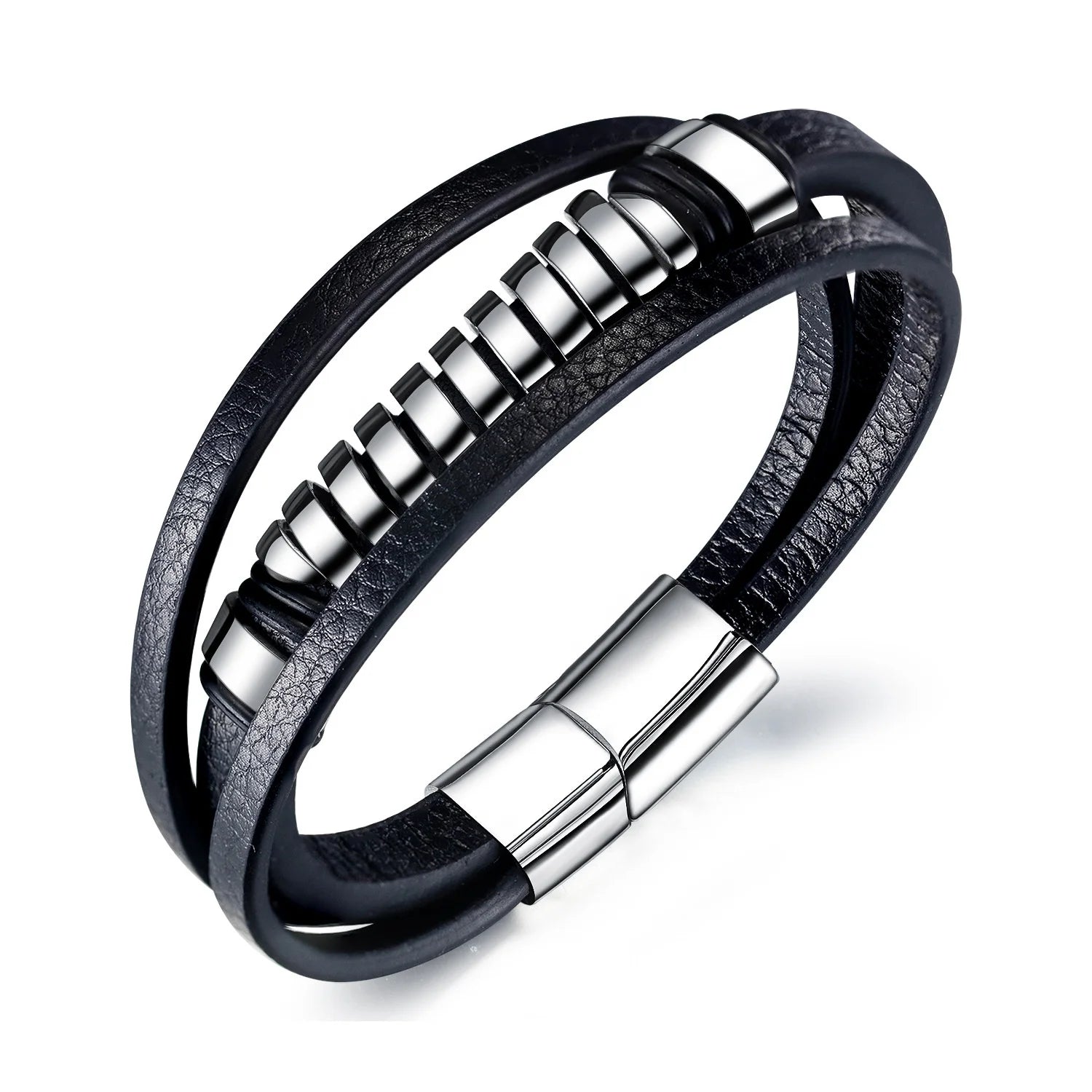 Popular Multi-layer Men Leather Hand Jewelry Stainless Steel Ring Bracelet Fashion Man Titanium Steel Bracelet