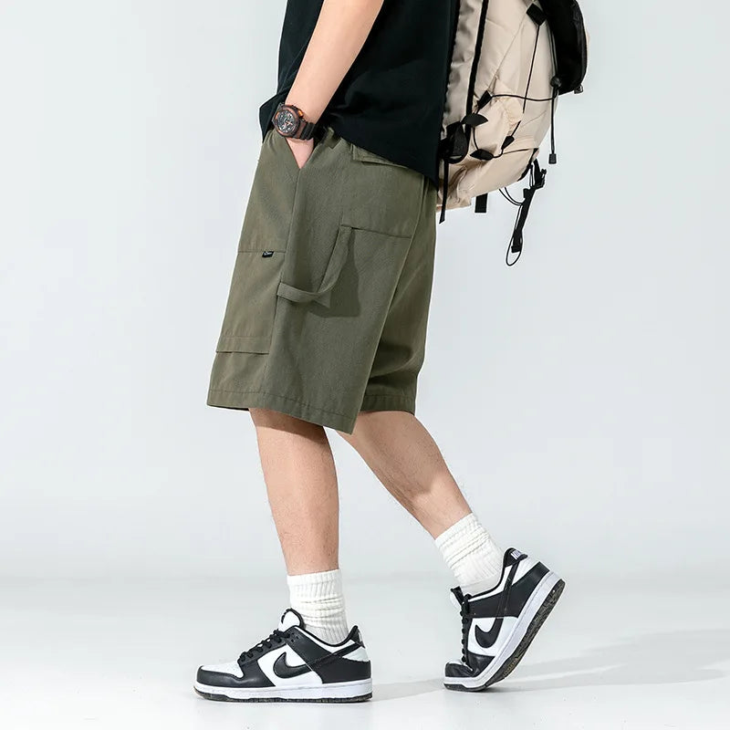 New Summer Men's Sports Five-Point Casual Pants Ribbon Design Mid Waist Drawstring Cargo Shorts 100% Cotton Korean Road Japanese