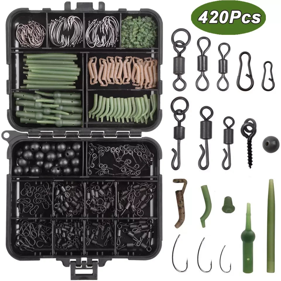 YOUME 300-420pcs/Box Durable Lightweight Plastic Black Carp Fishing Tackle Kit with Storage Case for Swivels Hooks and Lures