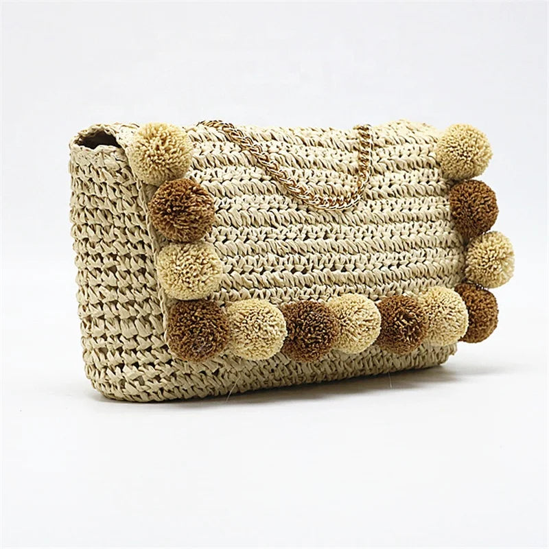 Wholesale Handmade Paper Straw Shoulder Bag Summer with Metal Chain Eco Friendly Straw Crossbody Bag with Plush Dall