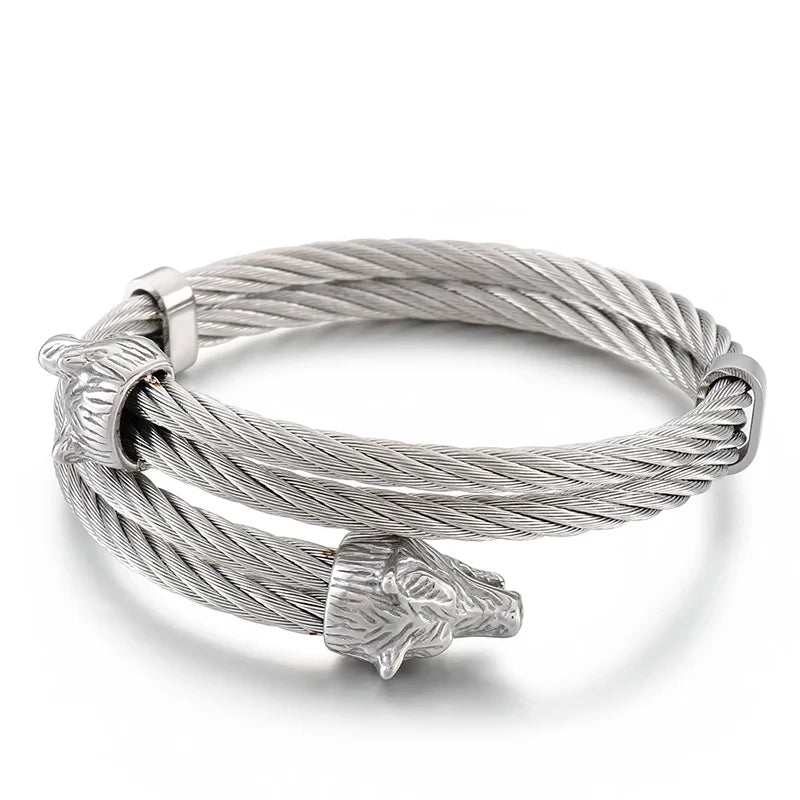 KALEN Stainless Steel Wolf Head Open Cuff Adjustment Twisted Cable Wire Bracelet Bangle for Men