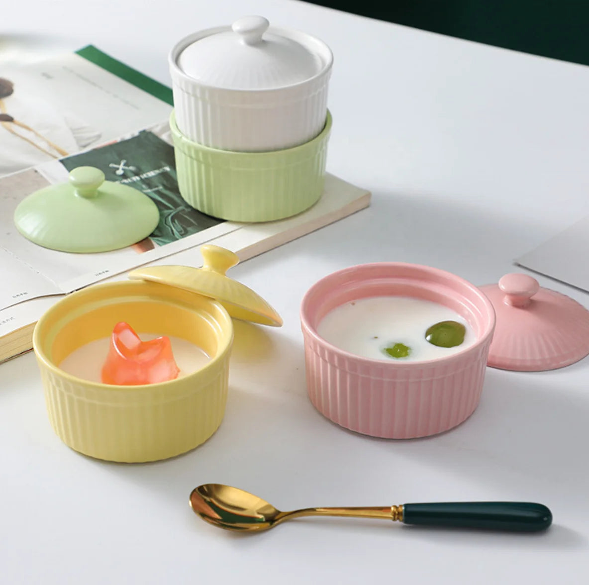Mini Double Skin Cream Egg Bowl Small Ceramic Baking Pot for Souffle Pudding Desserts Oven Safe Stew Bowl for Parties