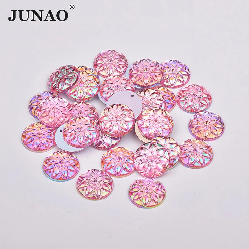 JUNAO 20mm Sewing Rhinestones Flower Applique Clothes Round Crystals With Hole DIY Pink Acrylic Gemstones Bulk